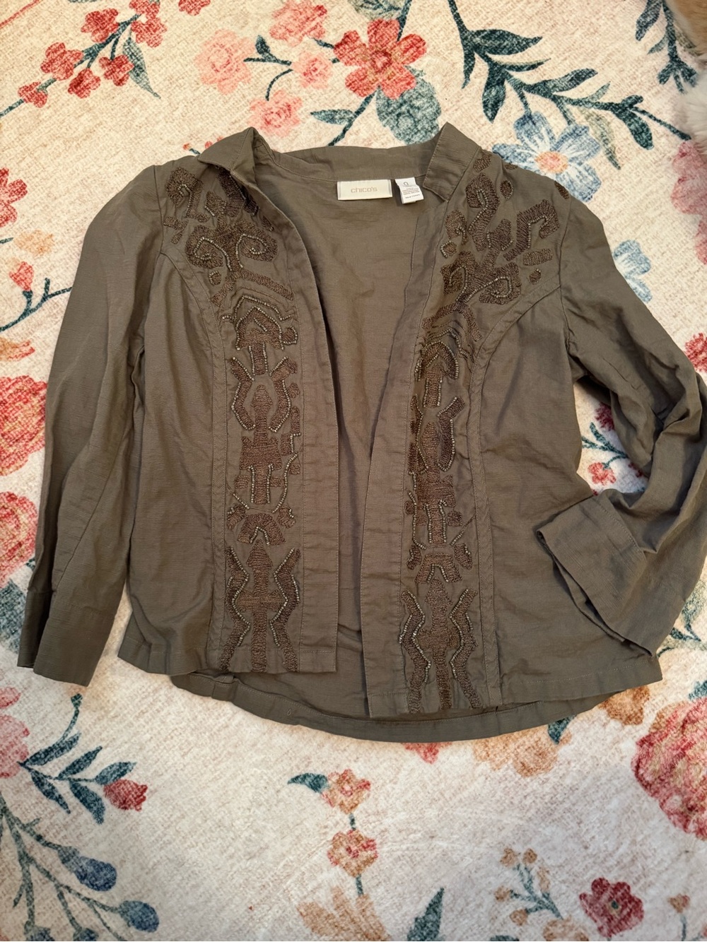 Chico's Olive Embellished Open-Front Blazer